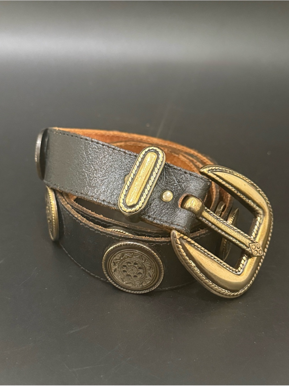 Black Genuine Leather Brass-plate Buckle Medallion Studded  Boho Belt Size S